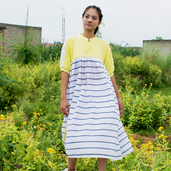 Kirgiti's Organic Cotton Yellow & Grey Stripes Loose Fit Dress